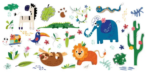 Vector illustration of Large set of cute animals, crocodile, zebra, elephant, sloth, elephant. Stock illustration