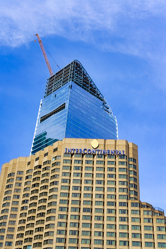 Aerial view of Kazakhstan hotel in Almaty city during a spring day