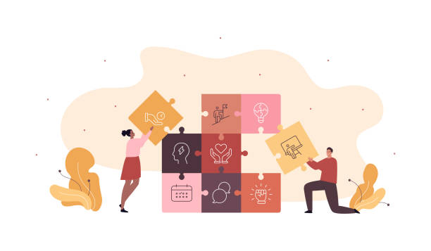 illustrazioni stock, clip art, cartoni animati e icone di tendenza di soft skill per la raccolta di concetti di business. illustrazione vettoriale del carattere piatto. la squadra di uomini e donne crea un puzzle di competenze simbolo isolato su bianco. progettazione per la formazione aziendale, business - abilità