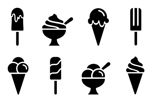 Ice cream black silhouette icons set on white. Balls in waffle cone, soft serve sundae in glass, popsicle on stick. Vector elements for minimal summer design, sweet snack illustration or logo
