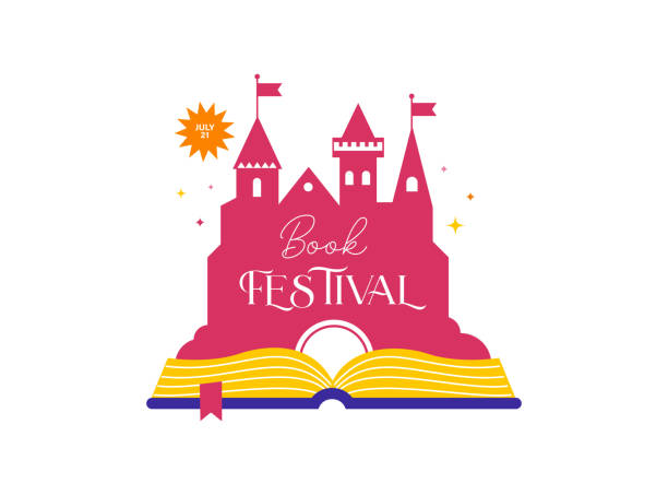 istock Book festival logo and background with open book and fairy tale castle 1494783376