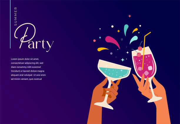 ilustraciones, imágenes clip art, dibujos animados e iconos de stock de diseño de plantilla para fiestas de verano. manos sosteniendo cóctel y copas de vino. aniversario, tarjeta de felicitación de cumpleaños, diseño conceptual - hora feliz