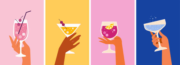 illustrazioni stock, clip art, cartoni animati e icone di tendenza di moderni modelli di poster per feste estive piatte e storie sui social media. sfondi colorati con mani che reggono bicchieri da cocktail. concept del poster celebrativo e banner web. - cocktail