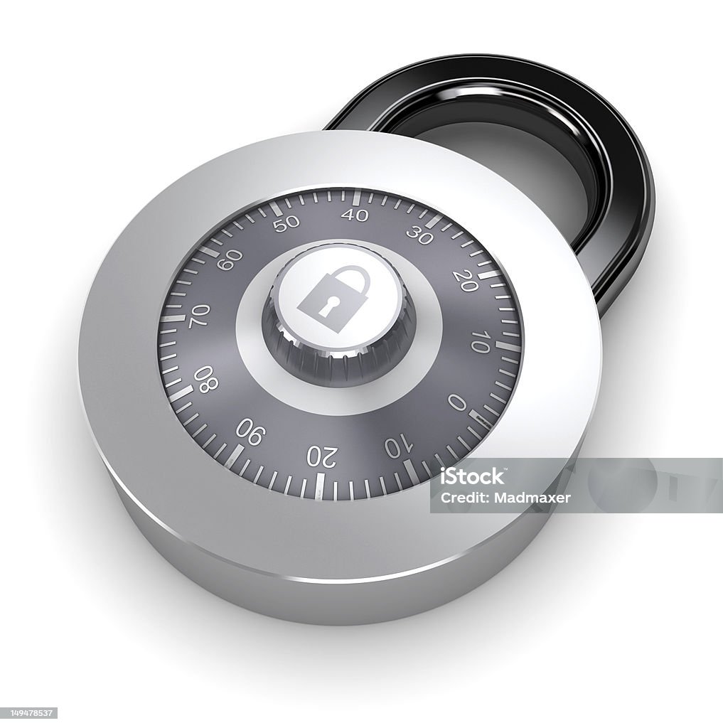 combination lock 3d illustration of steel combination lock over white background Closed Stock Photo