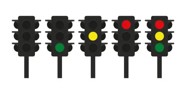 Vector illustration of Traffic signal or traffic light controlling the flow of vehicles with red, yellow, and green lights. Traffic signal, traffic light, signalization, intersection.