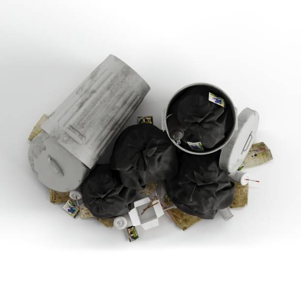 A 3D rendering of trash cans and waste on a white background.