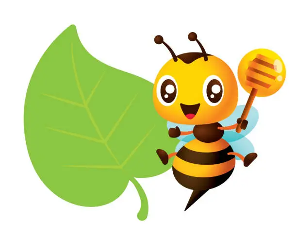 Vector illustration of Cartoon cute bee hold honey dipper with empty green leaf shape signboard vector