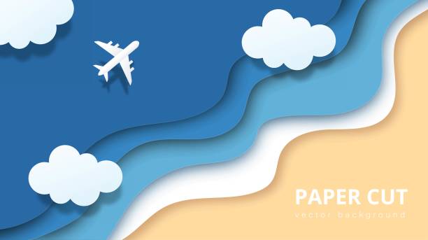 Papercut airplane above sea Papercut airplane above sea. Plane flies over sand, coastline and water in clouds. Background and wallpaper in origami style. Flights and travel, tourism. Cartoon vector illustration papercutting stock illustrations
