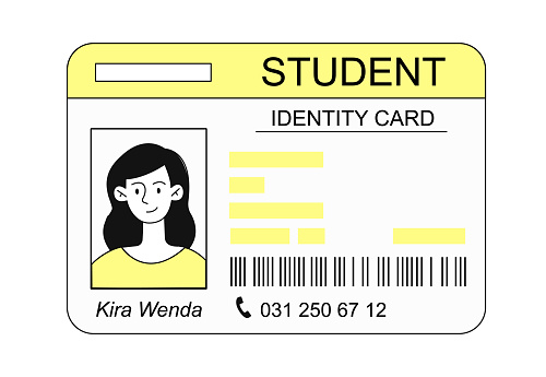 Student ID card. Verification of identity and phone number, Kira Wenda. Yellow pass to university. Document to school or college. Template, layout and mock up. Cartoon flat vector illustration