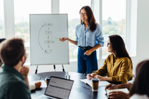 istock Business woman giving a presentation in a boardroom 1494792007