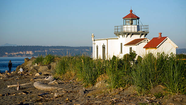 istock Person Walks Down Beach near Point Lighthouse Nautical Beacon 149479211