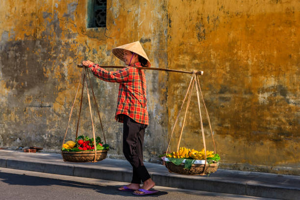 vietnamese woman selling tropical fruits, old town in hoi an city, vietnam - orange wall imagens e fotografias de stock