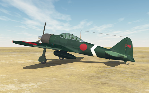 Computer generated 3D illustration with a Japanese fighter plane of World War II on an airfield