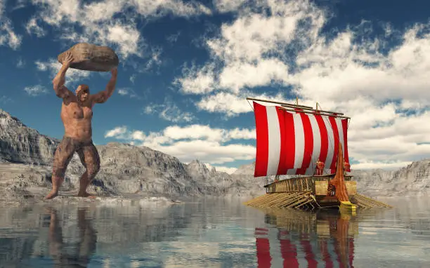 Computer generated 3D illustration with Odysseus and the Cyclops Polyphemus