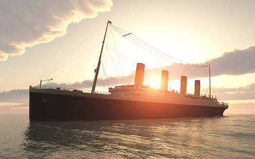 Computer generated 3D illustration with the historic passenger ship Titanic on the high seas at sunset