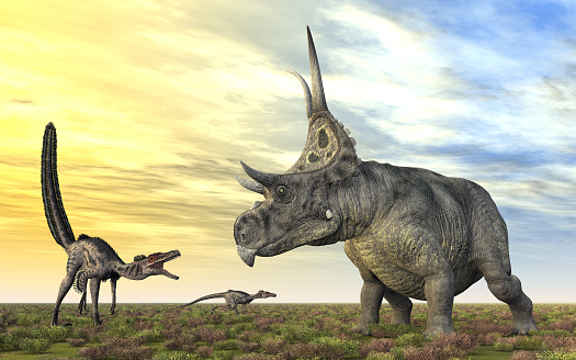 Computer generated 3D illustration with the dinosaurs Velociraptor and Diabloceratops at sunset