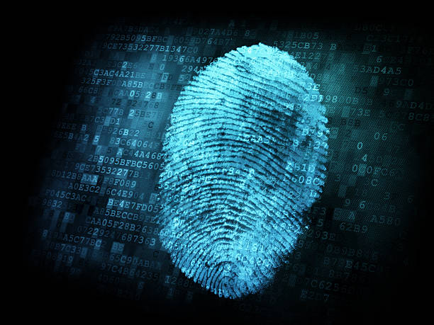 バイナリーコード後ろにブルーのデジタル指紋 - fingerprint security system technology forensic science ストックフォトと画像