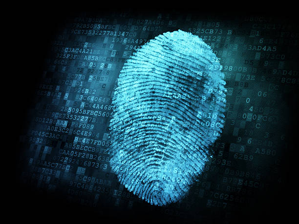 двоичный код за синий цифровой отпечаток пальца - fingerprint security system technology forensic science стоковые фото и изображения