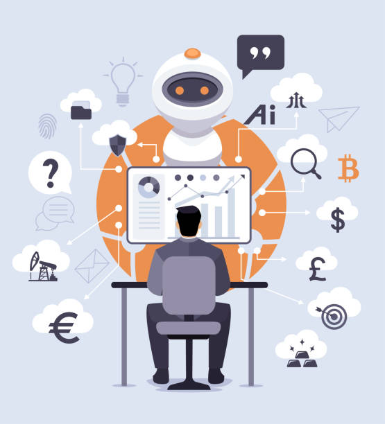 New Business Concept. Technology and finance trends. Robot with character analyzing infographic. vector art illustration