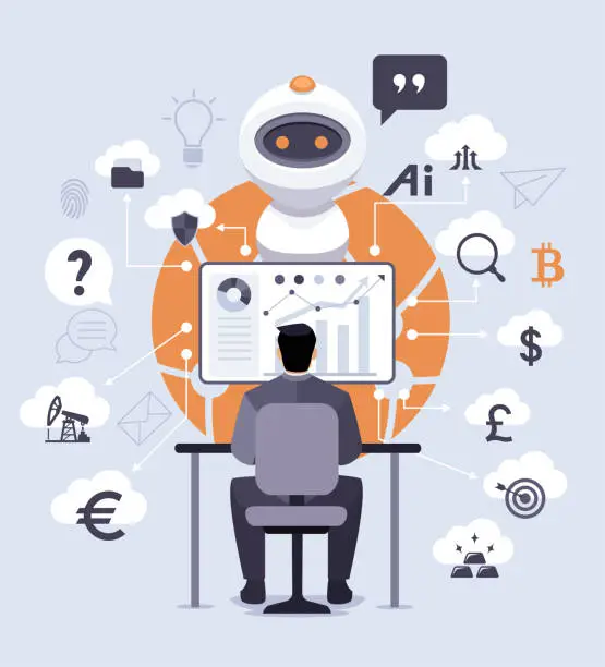 Vector illustration of New Business Concept. Technology and finance trends. Robot with character analyzing infographic.