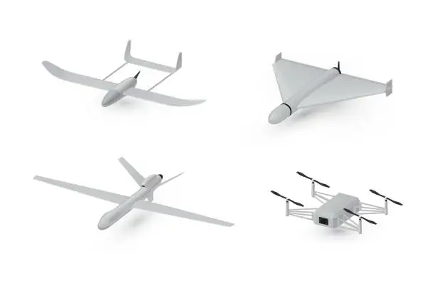 Vector illustration of Military drones munition air kamikaze attack set realistic vector spy security aerial surveillance