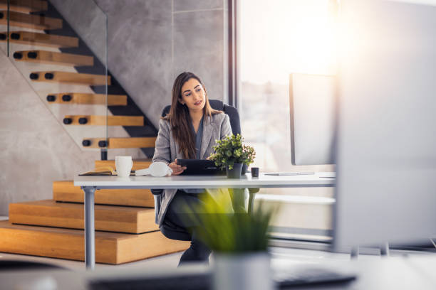 istock Female entrepreneur with computer working in modern office 1494809415