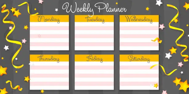 Vector illustration of Weekly planning concept in cartoon style. Creative to-do list for the week and colorful stars with golden confetti on abstract gray striped background.