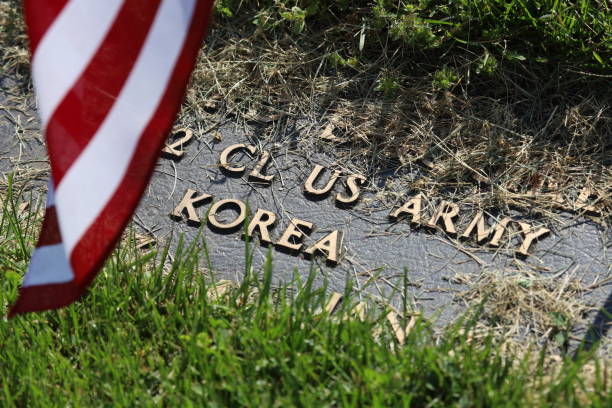 朝鮮戦争米軍墓地墓とアメリカ国旗 - korean war ストックフォトと画像