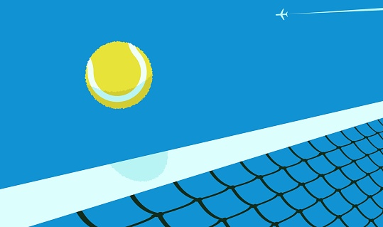 Tennis ball over a net with blue sky on background. Vector illustration.