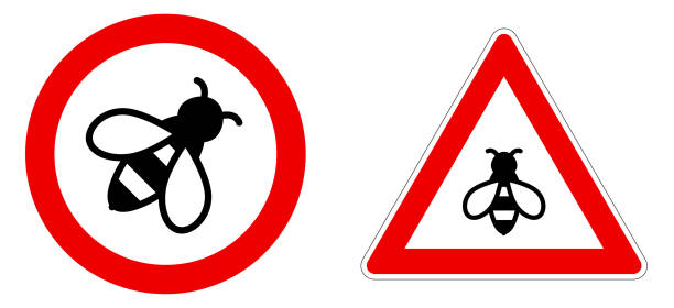 Bee icon in red circle and triangle - bees warning sign vector art illustration