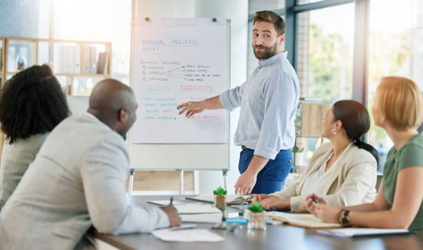 istock Business man, coaching and meeting in presentation with whiteboard for teamwork collaboration or planning at office. Corporate male coach training staff, brainstorming or discussing team project plan 1494815273