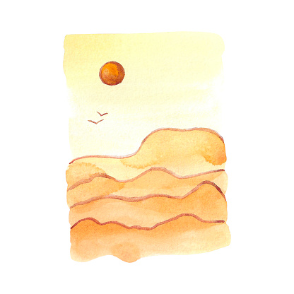 Hand drawn watercolor desert landscape. Isolated on white background. Can be used for cards, print, label