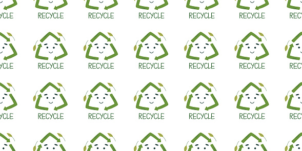 Seamless pattern with recycling symbol. Cute kawaii emblem. Environmental conservation, Earth Day concept. Minimalistic ecological vector illustration.
