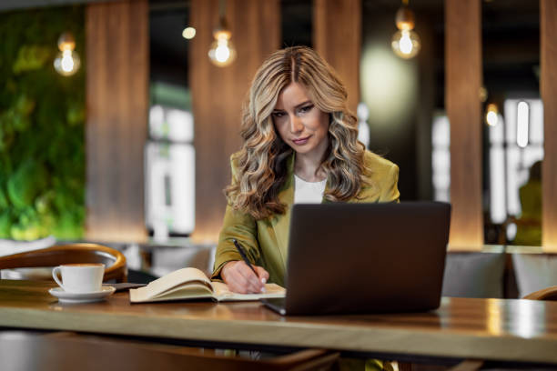istock Business woman at cafe using laptop 1494817293