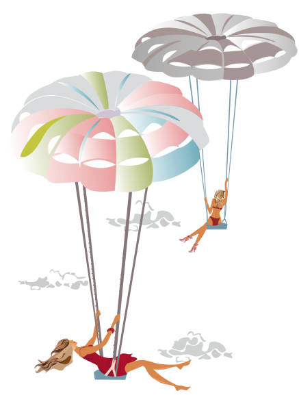 Series of summer backgrounds with summer activities: girl paragliding over the sea waves. Series of summer backgrounds with summer activities: girl paragliding over the sea waves. Fashion people on the beach. Hand drawn vector illustration. miami parachuting stock illustrations