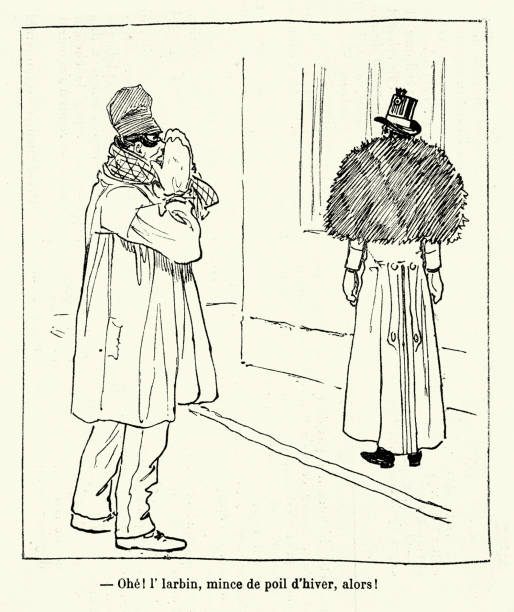 Vintage French cartoon, of a man in a thin winter coat, Ohe ! Larbin, mince de poil d'hiver, alors, 1890s Vintage French cartoon, of a man in a thin winter coat, Ohe ! Larbin, mince de poil d'hiver, alors, 1890s hiver stock illustrations