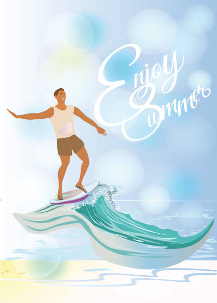 Series of summer backgrounds with summer activities: surfer on the ocean wave. Series of summer backgrounds with summer activities: surfer on the ocean wave. Fashion people on the beach. Hand drawn vector illustration. art deco miami stock illustrations