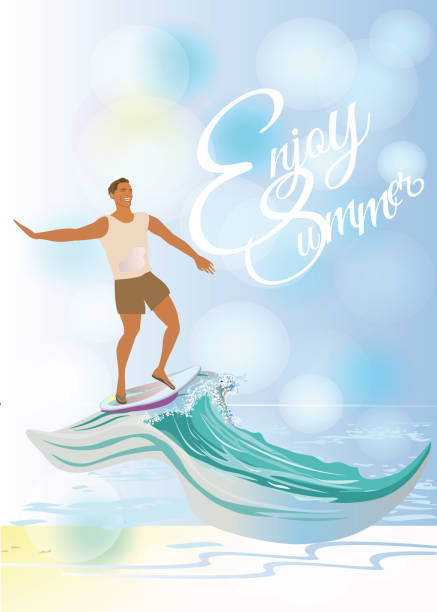 Series of summer backgrounds with summer activities: surfer on the ocean wave. Series of summer backgrounds with summer activities: surfer on the ocean wave. Fashion people on the beach. Hand drawn vector illustration. miami parachuting stock illustrations