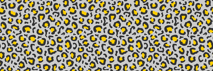 Seamless leopard print in black and yellow colors on a gray background. Flat vector illustration