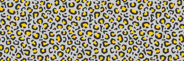 Vector illustration of Seamless leopard print in black and yellow colors on a gray background. Flat vector illustration