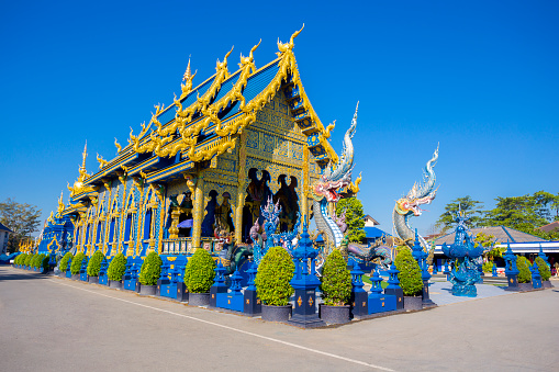 Wat Rong Suea Ten, or Blue Temple in Thai Lanna style in Chiang Rai Province, Northern Thailand