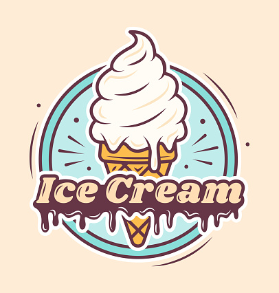 Ice Cream Cafe logo cartoon design. Ice cream in a waffle cone with a text. Template. Vector illustration.