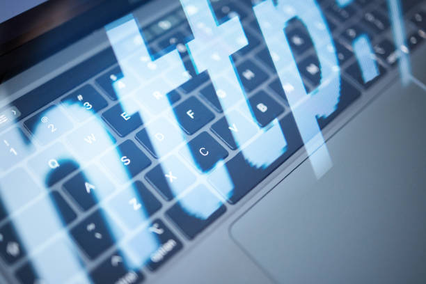 istock Keyboard, laptop and website HTTP URL for cyber security, digital application protocol or night search. IoT computer system of link text for safe web browsing, research or online query on information 1494828236