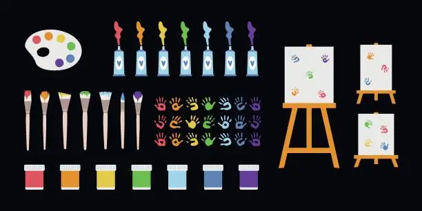 Vector illustration of Flat vector painting tools in childish style. Hand drawn art supplies, paint brush, palm, gouache, acrylic, easel, palette