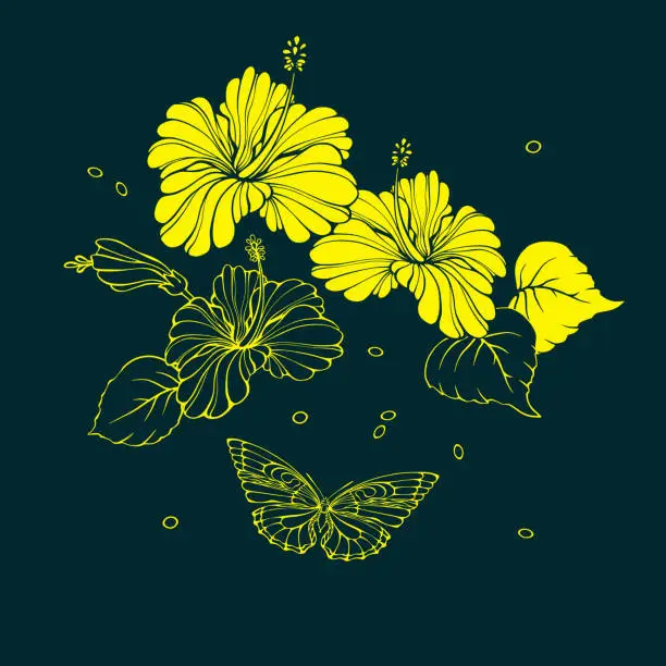 Vector illustration of Botanical pattern with tropical flowers and butterflies. Hibiscus. Vector illustration.