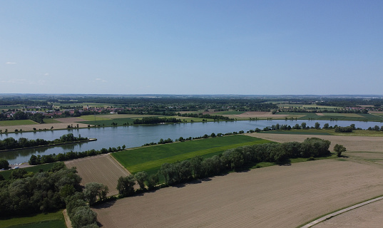 Danube river with dried up fields near Wörth Donau and the lock in Geisling,