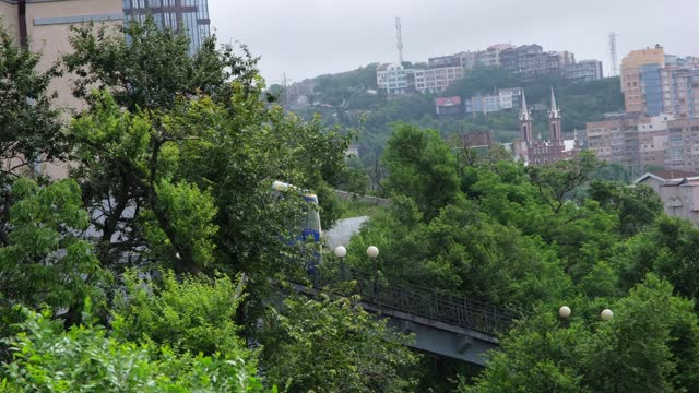 Blue funicular wagon is going up in Vladivostok, Russia