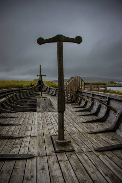 Replica of a Viking Longboat A full size replica of a Viking Longboat found on the island of Unst in the Shetland Islands. longboat key stock pictures, royalty-free photos & images