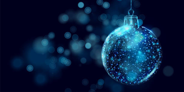 istock Wireframe Christmas ball on bokeh background, low poly style. Merry Christmas and New Year banner. Abstract modern 3d vector illustration. 1494834527