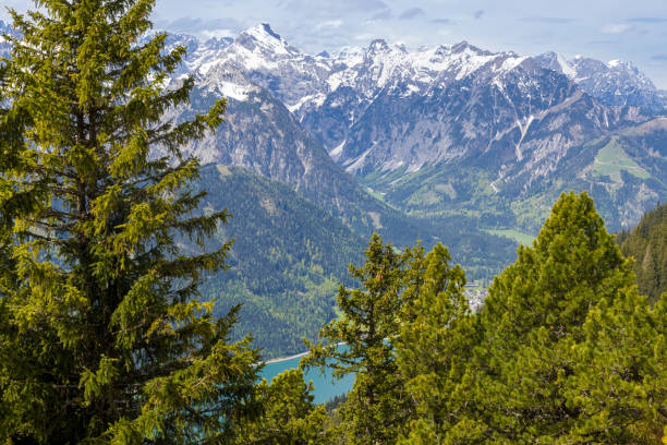 istock view through conifers to lake and forest and snow covered mountains clouded sky 1494836002